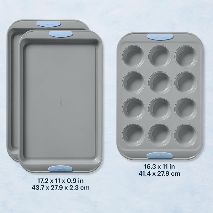 Pyrex 3-Piece Metal Cookie & Muffin Sheet Bakeware Set, Lightweight Stainless - Image 2