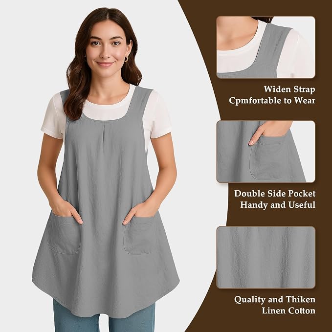 Apron for Women with Pocket Cotton Linen, Japanese Cross Back Apron for - Image 3