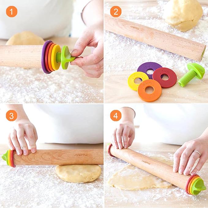 Rolling Pin with Thickness Rings and Pastry Baking Mat, 13.6" Adjustable Wooden - Image 4