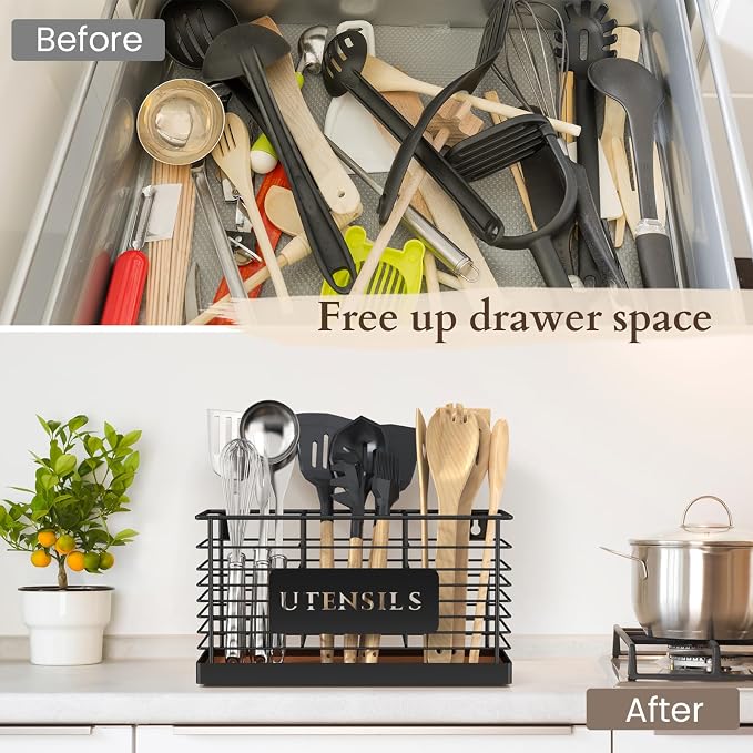 THYGIFTREE Utensil Holder for Kitchen Counter Large Black Metal Cooking Utensil - Image 3