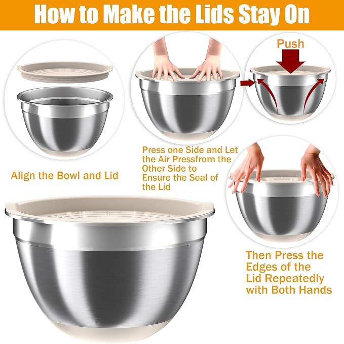Mixing Bowls with Airtight Lids Set, 4 Stainless Steel Bowls Nesting Bowls & - Image 6