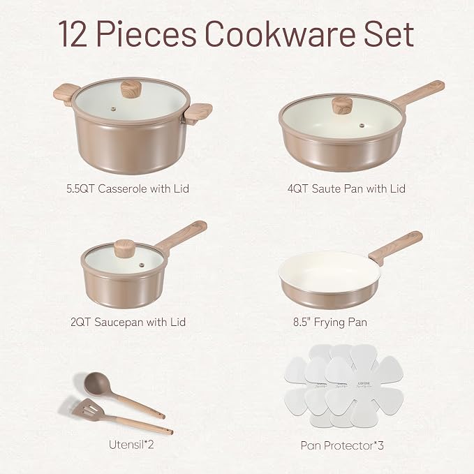 CAROTE 12Pcs Ceramic Pots and Pans Set Non Stick, Healthy Cookware Set - Image 2
