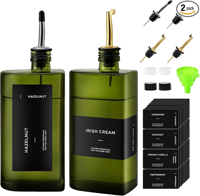 R DRURLCD Dark Green Glass Olive Oil Dispenser Set of 2, 16.9oz/500ml Curved by RDRURLCD