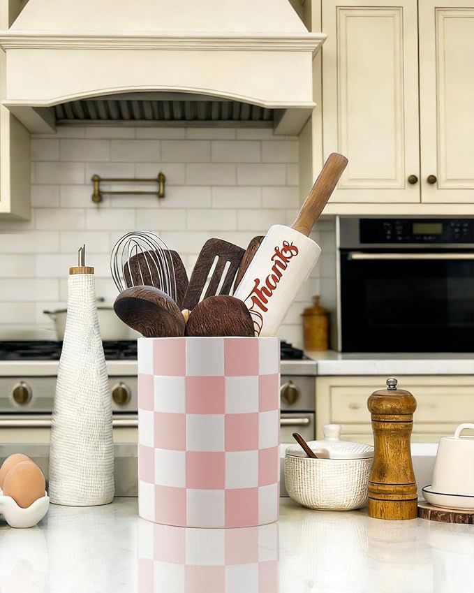 Utensil Holder，7.2 Inch Checkered Utensil Holder, Ceramic Cooking Utensil - Image 5