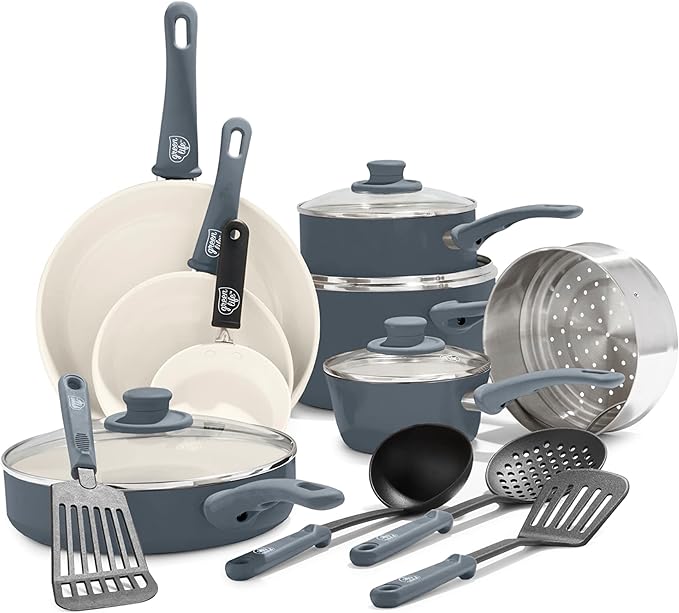 GreenLife 16 Piece Nonstick Cookware Set, Soft Grip Non-Toxic PFAS-Free Ceramic by GreenLife
