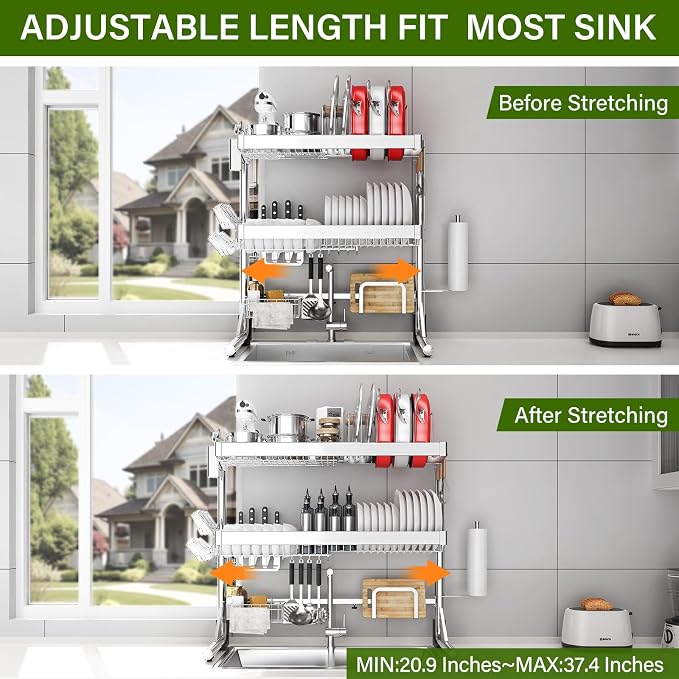 Over The Sink Dish Drainer Drying Rack 3 Tier, Full Stainless Steel Dish Drying - Image 3