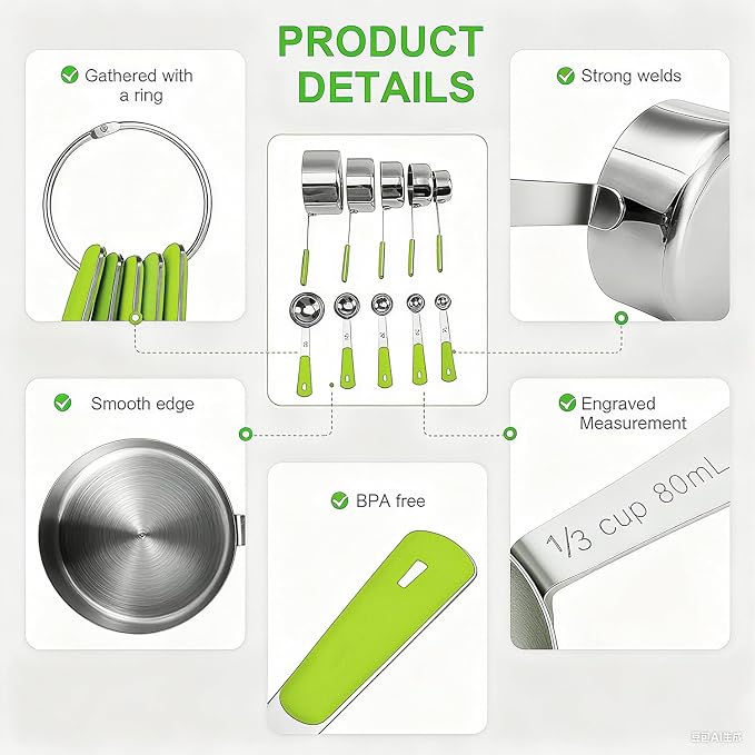Bopei Measuring Cups and Spoons Set Stainless Steel 10 Piece - Image 3