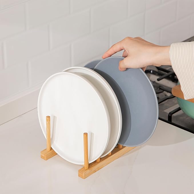 HBlife Bamboo Dish Plate Bowl Cup Book Pot Lid Cutting Board Drying Rack Stand - Image 4