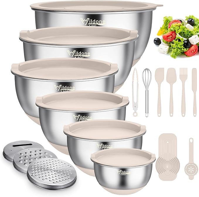 Wildone Mixing Bowls with Airtight Lids, with 3 Grater Attachments, Scale Marks by Wildone