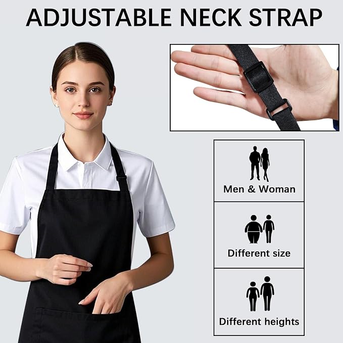 Bib Apron - Unisex Black Aprons 6 Pockets Cooking Kitchen Apron - Image 6