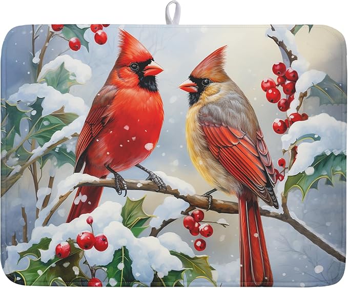 Winter Cardinal Birds Dish Drying Mat, Holly Berry Branches Dish Drying Mat by Kawani