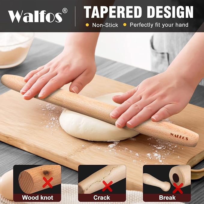 WALFOS French Rolling Pin for Baking, Tapered Design Natural Beech Wood Rolling - Image 2
