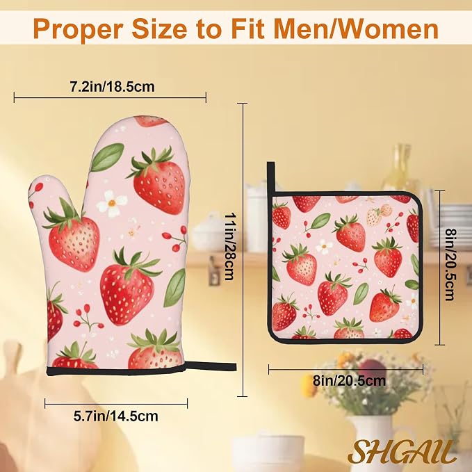 Strawberry Daisy Pattern Oven Gloves and Hot Pads Set - Image 3