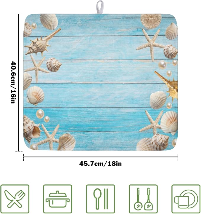 Summer Coastal Dish Drying Mat for Kitchen Counter Seashell Starfish Blue - Image 2