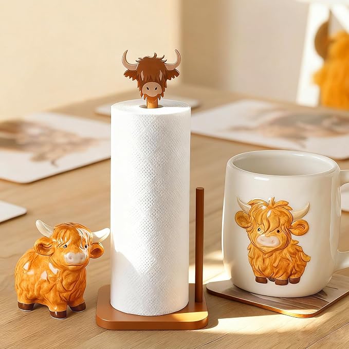 Leinuosen Brown Paper Towel Holder Cute Highland Cow Wooden Paper Towel Holder - Image 5