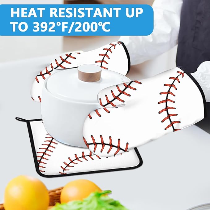 Baseball Oven Mitts and Pot Holders Sets Heat Resistant 4Pcs Potholders Oven - Image 5