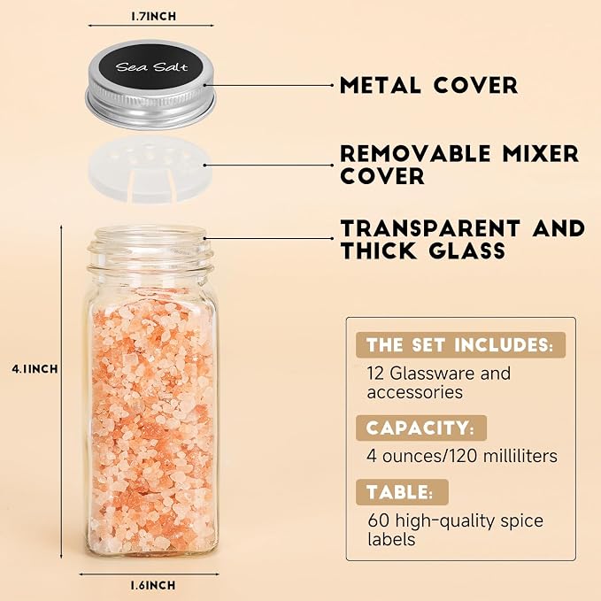 12Pcs Spice Jars with Label, 4oz Empty Square Seasoning Containers, Spice Jars - Image 2