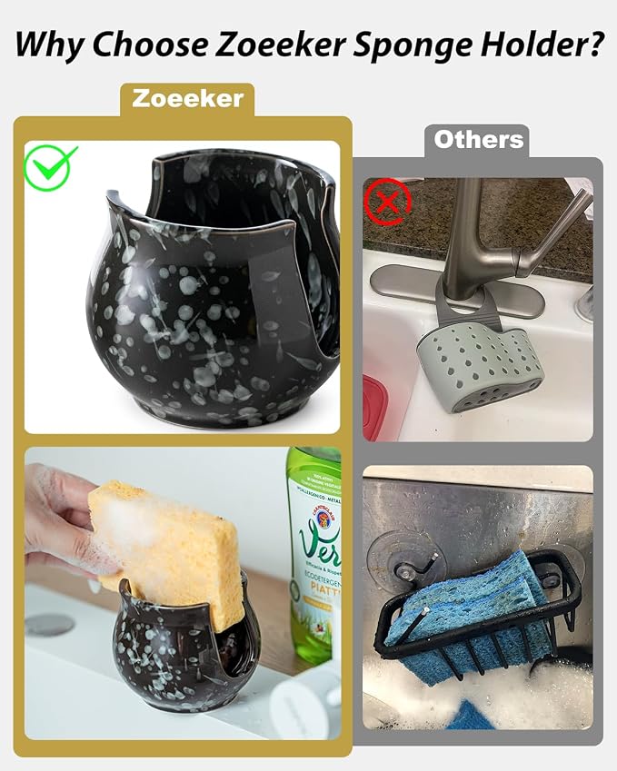 Zoeeker Kitchen Sponge Holder, Ceramic Dish Sponge Holder Kithen Sink Organizer - Image 3
