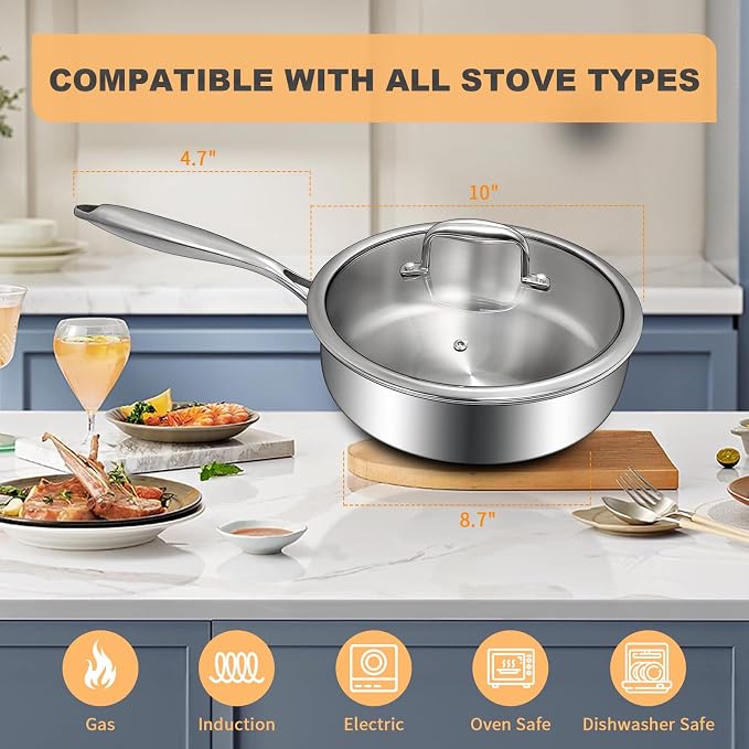 EWFEN Tri-Ply Stainless Steel Frying Pan 3QT, 10 Inch Deep Frying Pan - Image 6