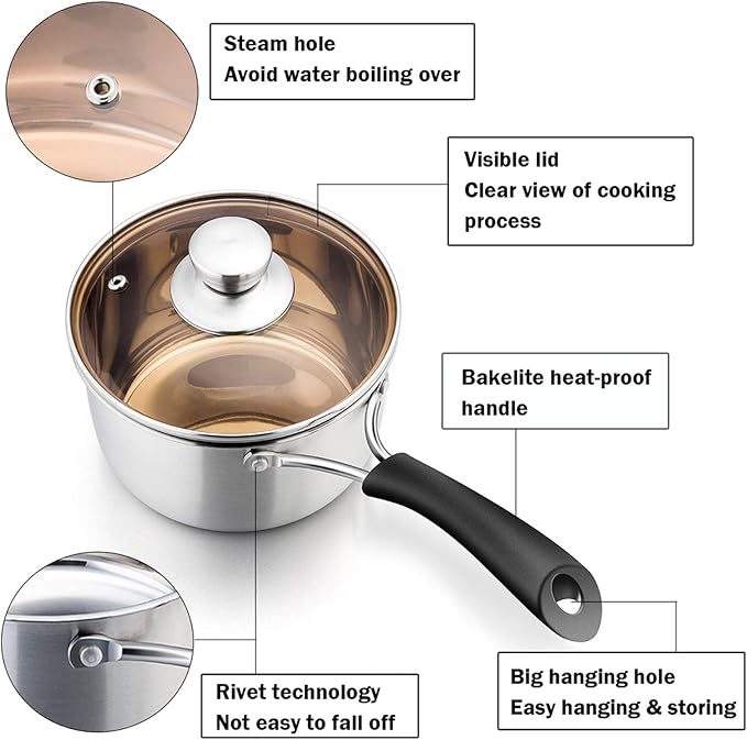 P&P CHEF 1 Quart Saucepan Small Pot, Stainless Steel Saucepan - Image 3