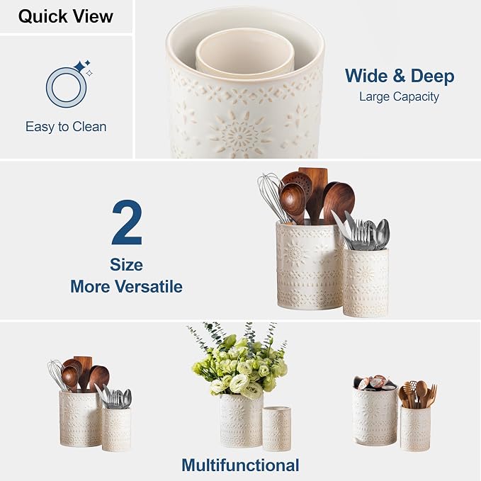 LOVECASA Utensil Holder, 7.2"+5.4" Ceramic Utensil Holder - Image 9