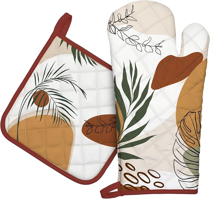 Boho Leaf Oven Mitts and Pot Holders Sets 2Pcs, 100% Cotton Heat Resistant by Arquiel
