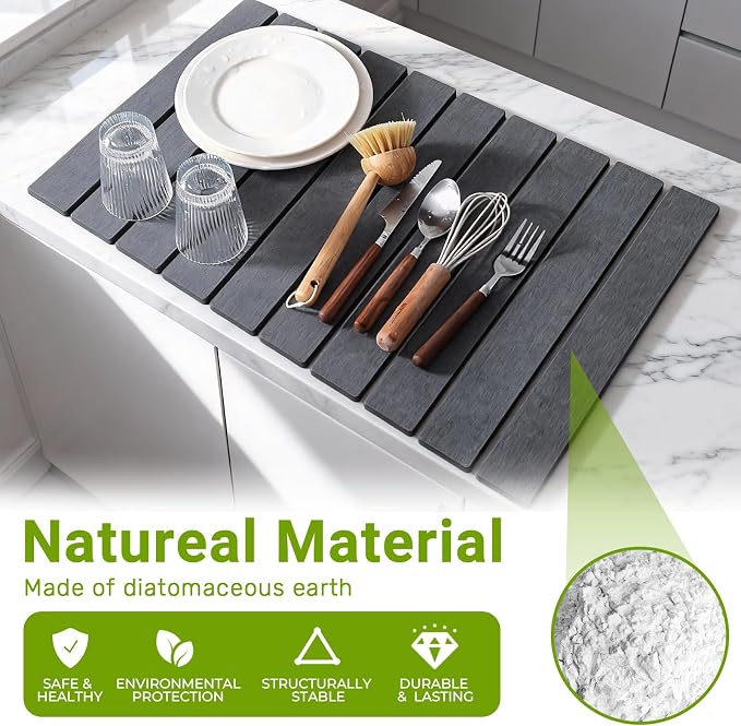 Large Stone Dish Drying Mat for Kitchen Counter, Foldable Diatomaceous Earth - Image 2