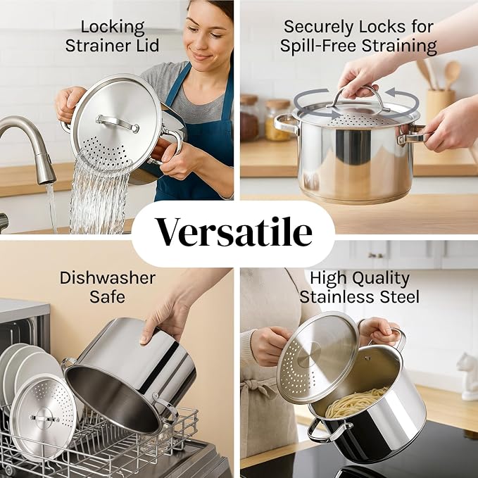 Stainless Steel Pasta Pot with Strainer Lid — 5.5 Qt Large Capacity Spaghetti - Image 4