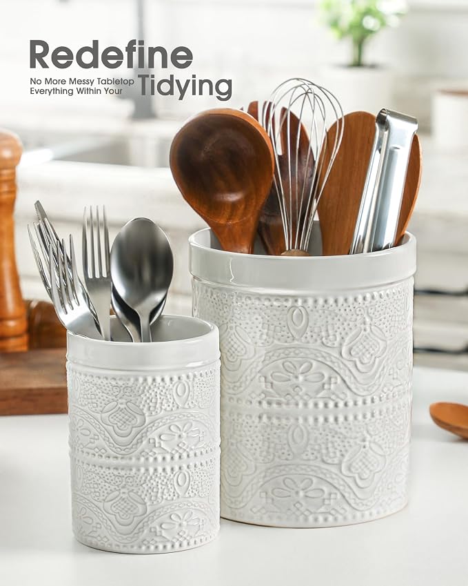 FUN ELEMENTS Kitchen Utensil Holder, 7.2+5.5" Super Large Utensil Crock Heavy - Image 2