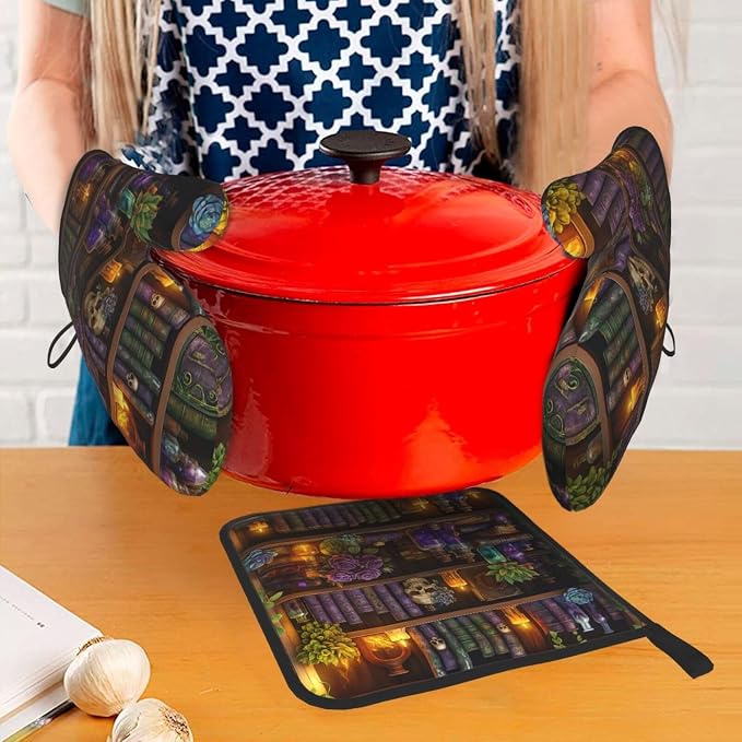 Witch Gothic Oven Mitts and Pot Holders Sets, Witchy Wicca Skull Baking Glovers - Image 7