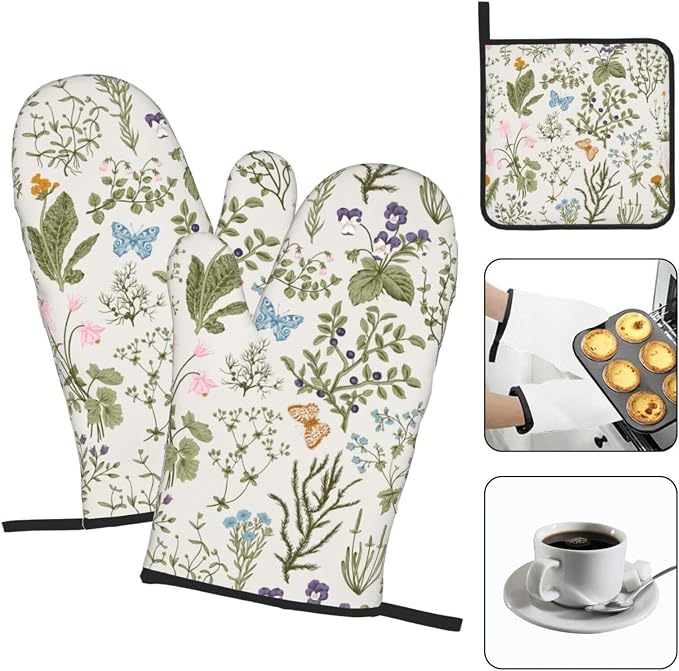 Vintage Floral Oven Mitts and Pot Holders Sets of 3 Cute Botanic Hot Pads Herbs - Image 3