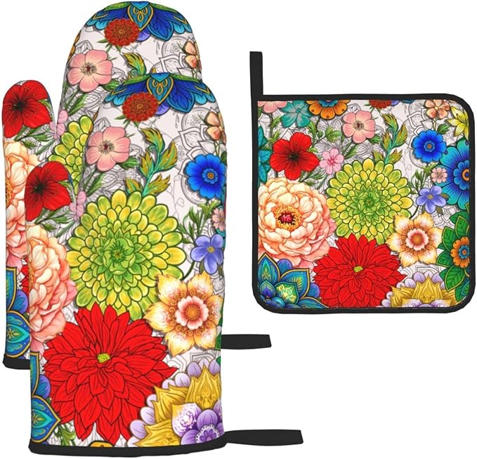 Boho Floral Oven Mitts and Pot Holders Set of 3, Cute Colorful Flowers Heat by Unknown