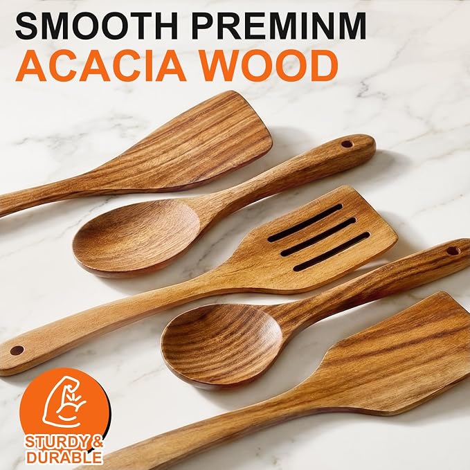5 Pcs Best Wooden Spoons for Cooking Kitchen Utensils Set Acacia Wood Cooking - Image 8