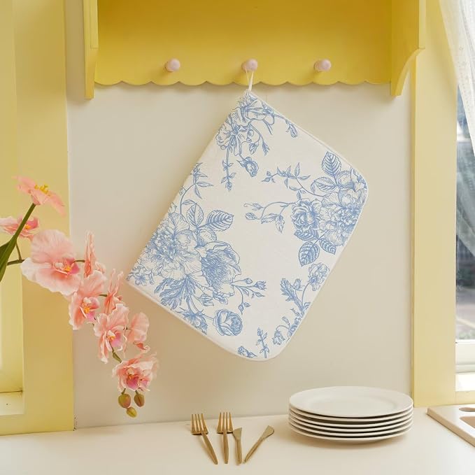 Baby Blue Chinoiserie Floral Dish Drying Mat 18 x 24 inch Vintage Flower - Image 5