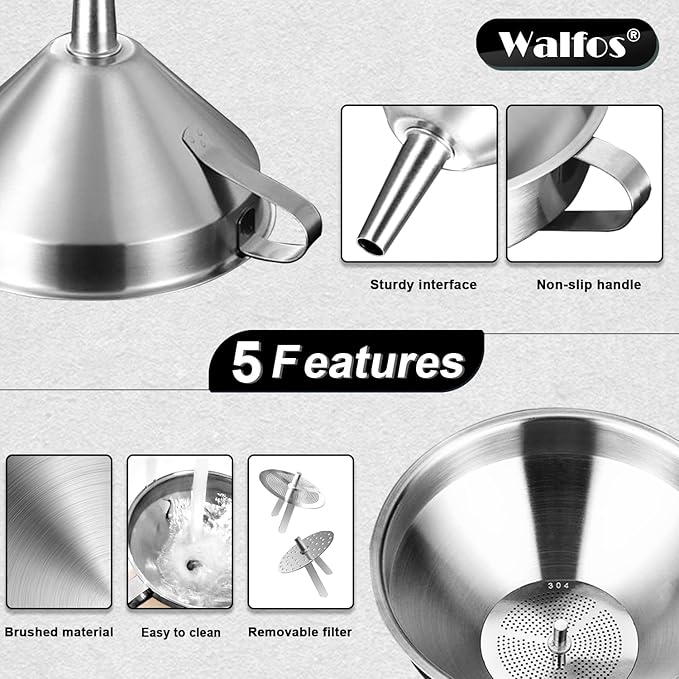 Stainless Steel Funnel, Walfos 4 Pack(4in、3 in、2.2 in、1.7in Kitchen Funnel - Image 6