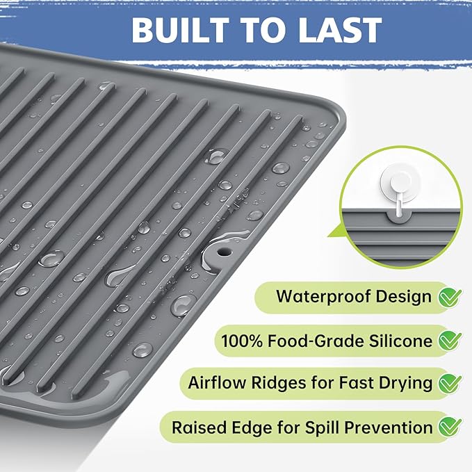 Songrey 14" x 10" Silicone Dish Drying Mat, Kitchen Counter Drying Pad - Image 2