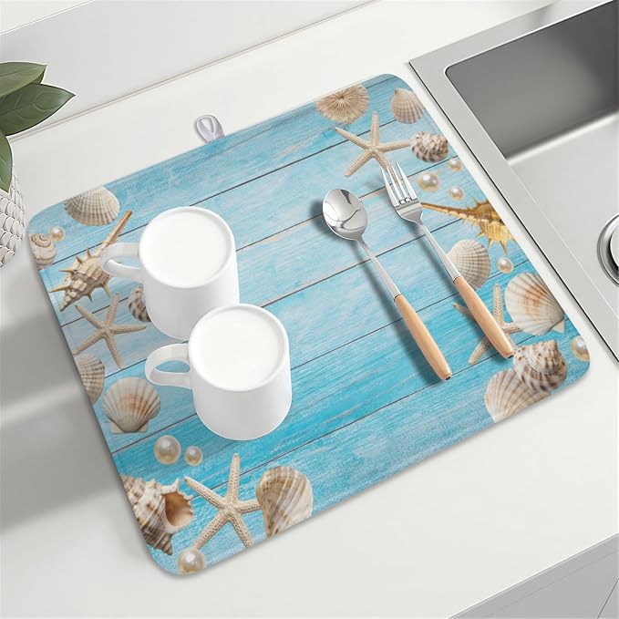 Summer Coastal Dish Drying Mat for Kitchen Counter Seashell Starfish Blue - Image 8