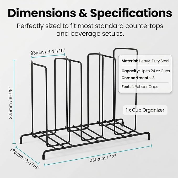 QWORK Wire Frame Cup and Lid Organizer, 3 Compartment Metal Wire Rack - Image 4