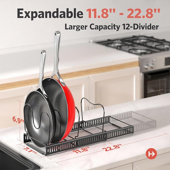 ORDORA Pots and Pans Organizer under Cabinet, Expandable 11.8"-22.8" Pot Lid - Image 3