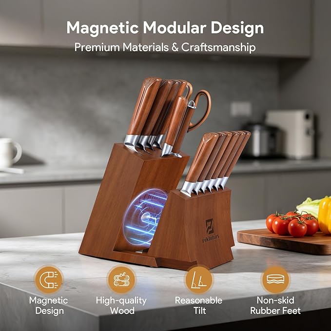 Kitchen Knife Sets With Block, Piklohas 15 Pieces Knife Sets With Magnetic - Image 3