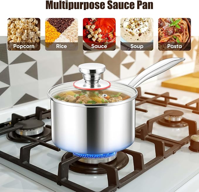 E-far Triply Stainless Steel Saucepan Set, 1Qt & 3 Qt Sauce Pan Pot - Image 5