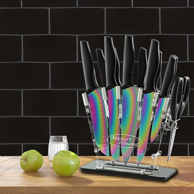 Marco Almond® Knife Block Set, 14-Piece Rainbow Color Stainless Steel Knife Sets - Image 6