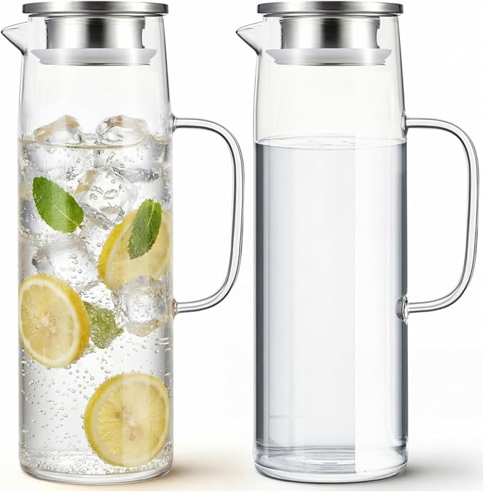 Hsei 2 Sets Glass Pitcher with Lid, 50 oz / 1500 ml Water Carafe with Handles by Hsei