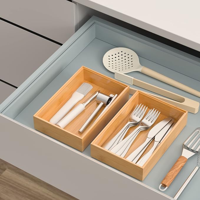 VeyFey Silverware Tray for Drawer, Stackable Kitchen Bamboo Drawer Organizer 9" - Image 3