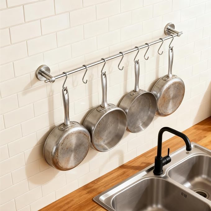 NEWRAIN Pot Rack Wall Mounted, 21 inch Hanging Pot and Pan Hanger, Stainless - Image 2