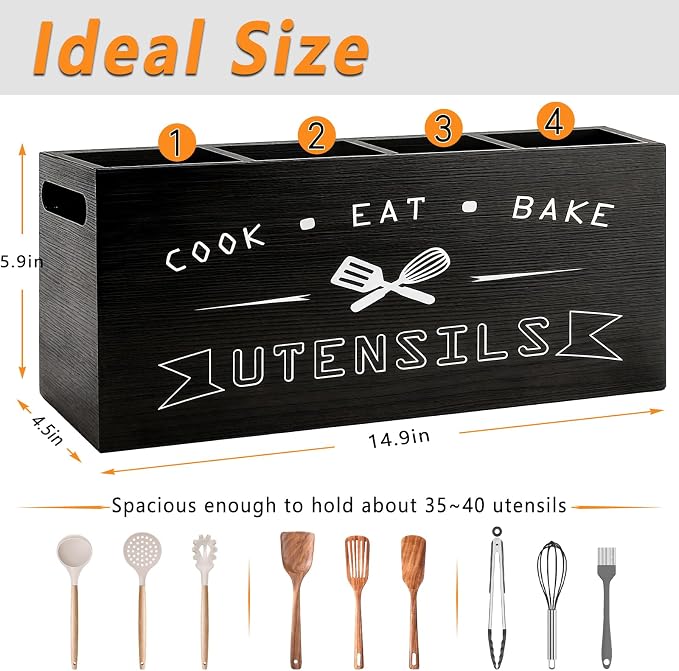 Extra Large and Durable Black Wooden Kitchen Utensil Holder - Image 2