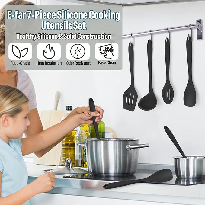 E-far Silicone Cooking Utensils Set, 7-Piece Black Heat Resistant Kitchen - Image 7