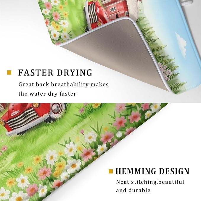 Spring Dish Drying Mat for Kitchen Counter Red Truck Flowers Microfiber - Image 3