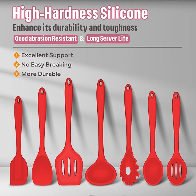 Silicone Cooking Utensils Set, E-far 7-Piece Red Heat Resistant Kitchen - Image 2