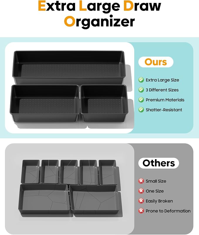 10 Pack Large Size Plastic Drawer Organizers Set, 3 Sizes Desk Drawer Organizer - Image 3
